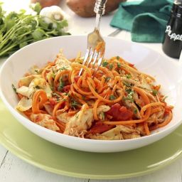 Tomato Sweet Potato Noodles with Roasted Artichokes and Chicken