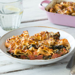 Tortellini Gratin with Tomato, Pesto, and Kale