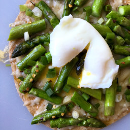 Tortilla Pizza with Asparagus, Parm and Poached Egg