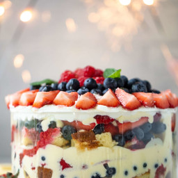 Triple Berry Trifle with Raspberry Sauce.