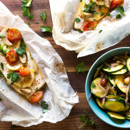 Trout in parchment with zucchini-almond salad