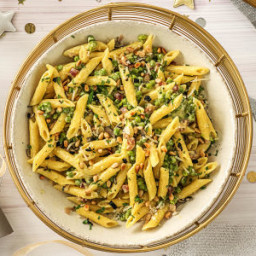 Truffled Penne Pasta with Mint, Pancetta, and Peas