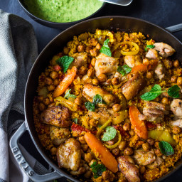 Tunisian Chicken (or Chickpeas) with cous cous and Green Harissa Yogurt Sau