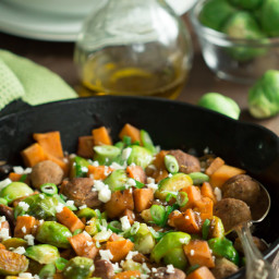 Turkey Sausage Skillet with Brussel Sprouts and Sweet Potatoes
