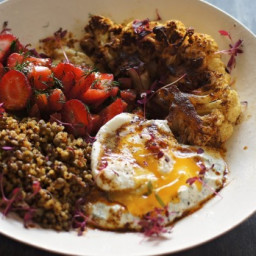 Turkish poached egg, baharat spiced cauliflower, loaded hummus and lentil-q
