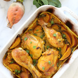 Turmeric Braised Chicken with Golden Beets and Leeks