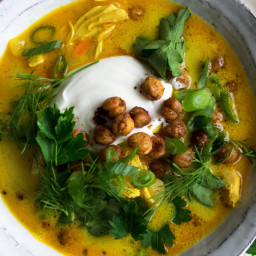 Turmeric Coconut Chicken Soup with Yogurt and Herbs