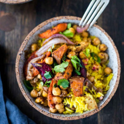 Turmeric Rice Bowl with Garam Masala Root Vegetables & Chickpeas Recipe