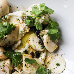 Turnips with Roasted Garlic Goat Cheese and Sesame