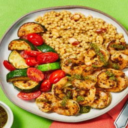 Tuscan-Spiced Shrimp with Pesto Couscous, Blistered Grape Tomatoes & Zucchi