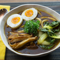 Udon Noodle and Tatsoi Soup with Japanese Curry Broth and Soft-Boiled Eggs