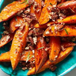 Vanilla-Glazed Sweet Potato Wedges with Candied Pecans