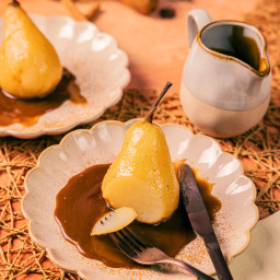 Vanilla Poached Pears with Apple Cider Caramel Sauce