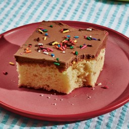 Vanilla sheet cake with salted milk chocolate frosting