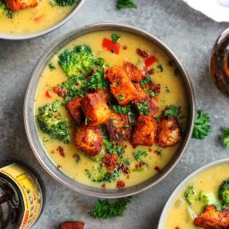 Vegan Beer 'n' Broccoli Cheese Soup with Smoked Paprika Croutons