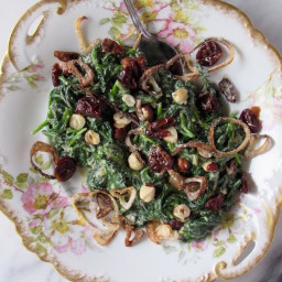 Vegan Creamed Spinach w/ Crispy Shallots, Hazelnuts, and Dried Cherries