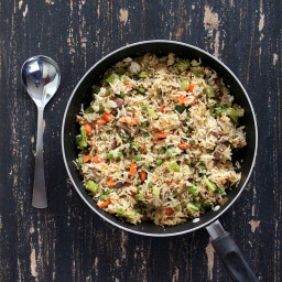 Vegan Garlic Fried Rice with Celery, Mushrooms, Broccoli, Bell Peppers, Car