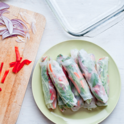 Vegan Pea Shoot and Vegetable Rice Rolls with Coconut Dipping Sauce