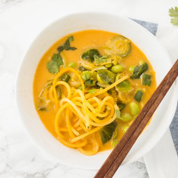 Vegan Red Coconut Curry with Brussels Sprouts, Edamame and Spiralized Rutab
