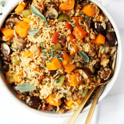 Vegan Stuffing with Brown Rice, Butternut Squash, and Mushrooms