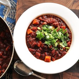 Vegan Sweet Potato and Two Bean Chili With Hominy
