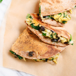Vegetarian Breakfast Quesadillas with Scrambled Eggs, Spinach and Black Bea