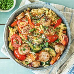Veggie-Loaded Orzo and Sausage with Zucchini, Tomatoes, and Bell Pepper