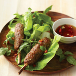 Vietnamese Kebabs with Sugarcane Skewers, Dipping Sauce, and Lettuce Cups