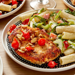 Vinaigrette-Marinated Chickenwith Pickled Pepper Relish and Pasta Salad