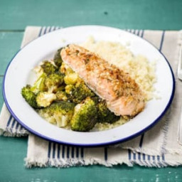 Walnut-Crusted Salmon with Crispy Broccoli and Pilaf-Style Couscous 