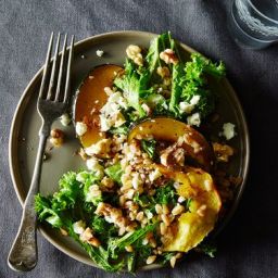 Warm Farro and Mustard Green Salad with Maple-Roasted Acorn Squash