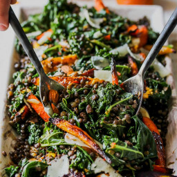 Warm Lentil and Kale Salad with Carrot-Harissa Dressing