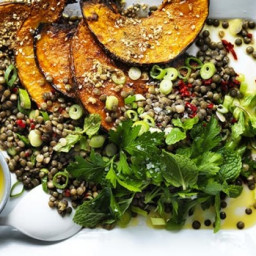 Warm lentil salad with pumpkin and chilli