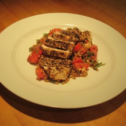 Warm Wheat Berry Tomato Basil Salad with Grilled Chicken