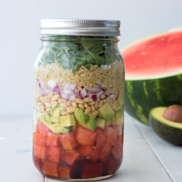 Watermelon Arugula Mason Jar Salad with Quinoa, Avocado, Pine Nuts and Mint