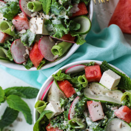 Watermelon Mint Kale Salad with Champagne Tahini Dressing