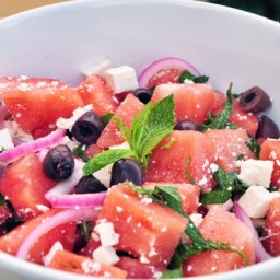 Watermelon Salad with Fresh Mint, Kalamata Olives and Pickled Red Onion