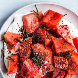 Watermelon with Yogurt, Poppy Seeds, and Fried Rosemary