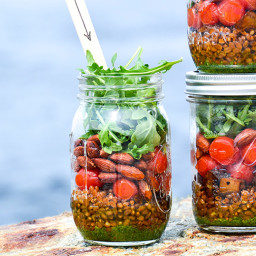 Wheat Berry and Blistered Tomato Mason Jar Salads with Basil-Almond Pesto