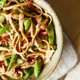 White Bean Fettuccine Alfredo with Peas and Sun-Dried Tomatoes