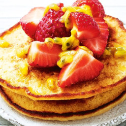 White bean pancakes with strawberries and passionfruit