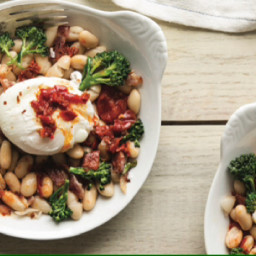 White Beans w/ Bacon, Poached Eggs & Harissa Butter