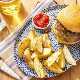White Cheddar Cheeseburgers with Balsamic-Glazed Onion & Roasted Potato