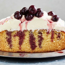 White chocolate poke cake with red-wine cherries