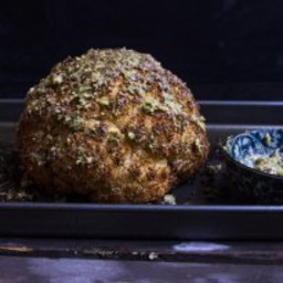 Whole Baked Cauliflower with Mustard and Pesto