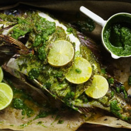 Whole baked snapper with ginger, garlic and parsley sauce