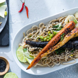 Whole Roasted Carrots with Ginger Lime Udon and Bok Choy