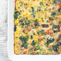 Whole30 Breakfast Casserole with Sausage, Eggs, Spinach, and Mushrooms