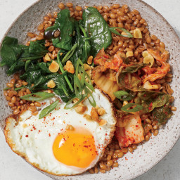 Wilted Spinach and Fried Egg Wheat Berry Bowl