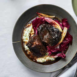 Wine-Braised Beef with Green-Garlic Soubise and Young Chicories